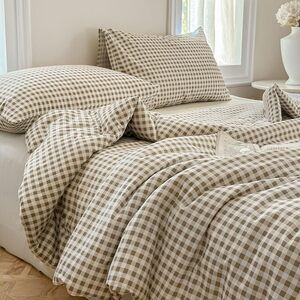 Tan Gingham Cotton Comforter Set King, 100% Washed Cotton Taupe Plaid